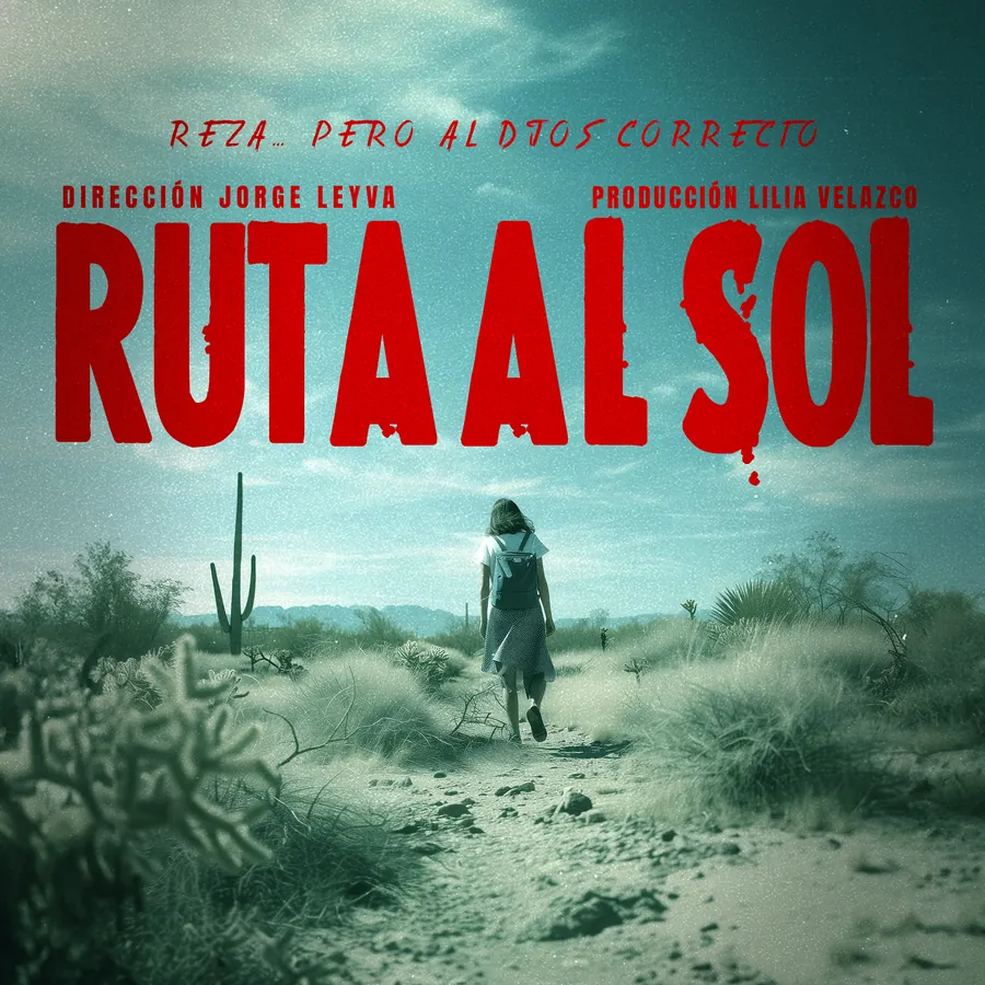 Póster de Ruta al Sol: una joven camina sola por una vereda del desierto de Sonora bajo el título en rojo